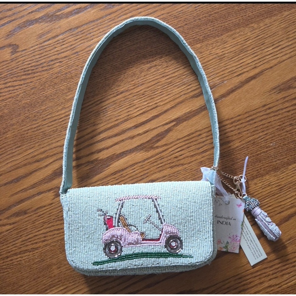 VIRAL Beaded Bag Golf Cart Masters Green & Pink + Charm NWT - Picture 2 of 9